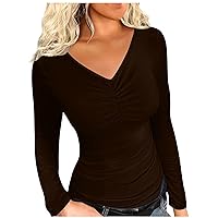 Stretchy Plain Shirts for Women Tight Slim Fit Long Sleeve Tops 2024 Fashion Casual V Neck Pullover Blouses