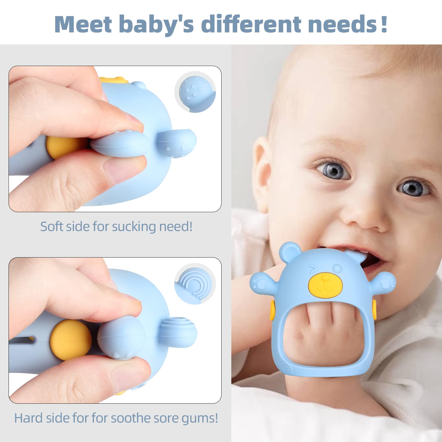Fu Store Bear Anti-Dropping Silicone Baby Teething Toy Infants Baby Chew Toys for Sucking Needs, Hand Pacifier for Breast Feeding Babies for New Born (1 Blue & 1 Finger Toothbrush)
