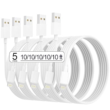 iPhone Charger [Apple MFi Certified] 5pack 10FT Long Lightning Cable Fast Charging High Speed Data Sync iPhone Charger Cord Compatible iPhone 14/13/12/11 Pro Max/XS MAX/XR/XS/X/8/7/Plus iPad (White)