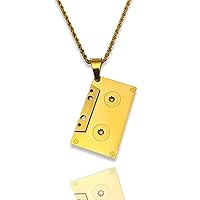 Music Cassette Tape Hip Hop Pendant Necklace Men's Women 14k Gold Finish Musical Note Pendant Stainless Steel Real 3 mm Rope Chain Necklace, Men's Jewelry, Iced Pendant, Rope Necklace