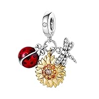 Ladybug Dragonfly And Sunflower Charm, Animal Charm, Garden Charm, Sterling Silver, Gift For Wife, Women, Friends, Family, Compatible To Pandora