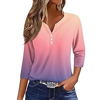 3/4 Length Shirts for Women Spring Summer Fashion Basic Tee Button V Neck Regular Top