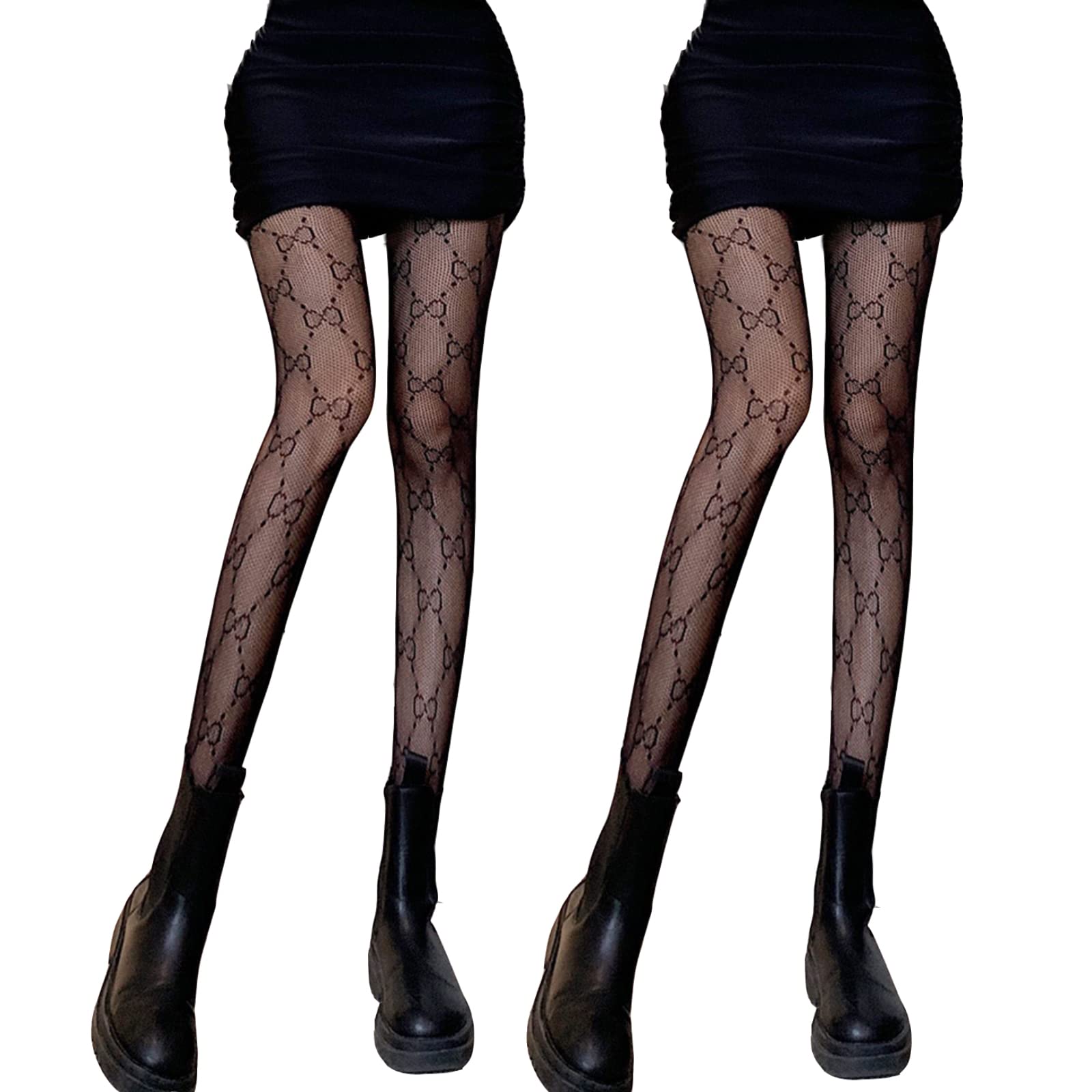 Echpzed Women Patterend Fishnet Tights High Waist Fashion Stockings Pantyhose for Party, 2 Pairs