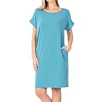 Women's Round Neck Rolled Sleeve Knee Length Tunic Shirt Dress with Pockets (Dusty Teal, 2X)