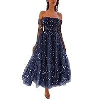 Sparkly Starry 2024 Tulle Prom Dress for Women Long Gloves A Line Formal Evening Party Gowns