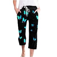 Funny Butterfly Print Capri Pants Womens Summer Casual Straight Leg Pants Drawstring Waist Beach Cropped Trousers