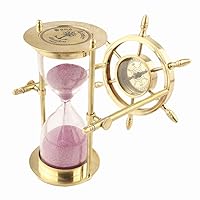 The Helicopter Co. Marine Antique Brass Compass Hourglass Nautical Maritime Sand Timer & Desk Clock | Perfect for Christmas & Thankgiving Gift | Material - Brass | Sand Color- Pink