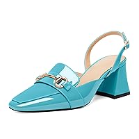 SAMMITOP Women Slingback Low Chunky Heels Loafer Pumps Metal Buckle Block Heeled Sandals Closed Square Toe Dress Shoes Work Office Casual 2.5 Inch