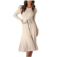 Today's Deals Women Midi Sweater Dress Dressy Ribbed Knit Dresses Crewneck Long Sleeve Solid Knitted Skirt Slim Lace Up Belt Suéteres De Navidad Lindos Beige