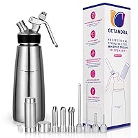 OCTANDRA Professional Whipped Cream Dispenser – 1 Pint Stainless-Steel Cream Whipper Canister - Whipping Siphon - Whip Cream Maker with 3 Decorating Tips, 4 Injector Tips, Storage Cap & Brush