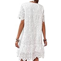 Women's Short Dress Embroidery Trim Ruffle Hem Smock Dress Short Sleeve High Waist Summer