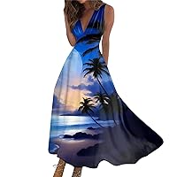 Sundresses for Women 2024 Sleeveless Deep V Neck Maxi Dress Trendy 2024 Floral Print Flowy Beach Dress