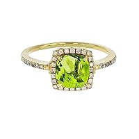 Sterling Silver Yellow 7mm Cushion Peridot & Created White Sapphire Halo Ring