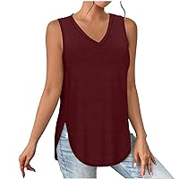 Women Casual Tank Tops Summer Loose Fit Sleeveless Top Solid Color V Neck Side Split Curved Hem Tee Shirts 2024 Outfits