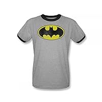 Batman Retro Bat Logo Distressed Adult Ringer S/S T-Shirt in Heather/Black by DC Comics