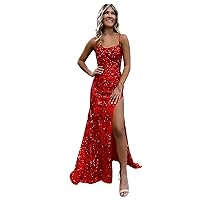 Spaghetti Straps Red Prom Dresses 2024 Sparkly Mermaid Corset Evening Gowns for Women with Slit Size 0