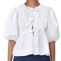 PEHMEA Women Tie Front Tops Peplum Baby Doll Shirts Puff Sleeve Y2K Summer Blouse Going Out Tops