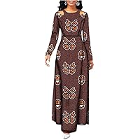 Womens 100% Cotton Dashiki Maxi Dress African Ankara Print Formal Dress High Wasit Straight Dress