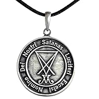 2 sided Engraved Sigil of Lucifer Seal of Satan Luciferian Theistic Satanism Silver Pewter Men's Pendant Necklace lucky Charm Medallion Safe Travel Talisman Protection Amulet with Black Leather Cord
