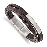7mm Chisel Stainless Steel Brushed Multi Strand Brown Pu Leather ID Bracelet With .5 Inch Extension 8 Inch Jewelry Gifts for Women