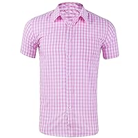 Slim-Fit Short Sleeve Plaid Shirts for Men Classic Button Down Dress T-Shirts Summer Casual Collared Bussiness Gingham Shirt