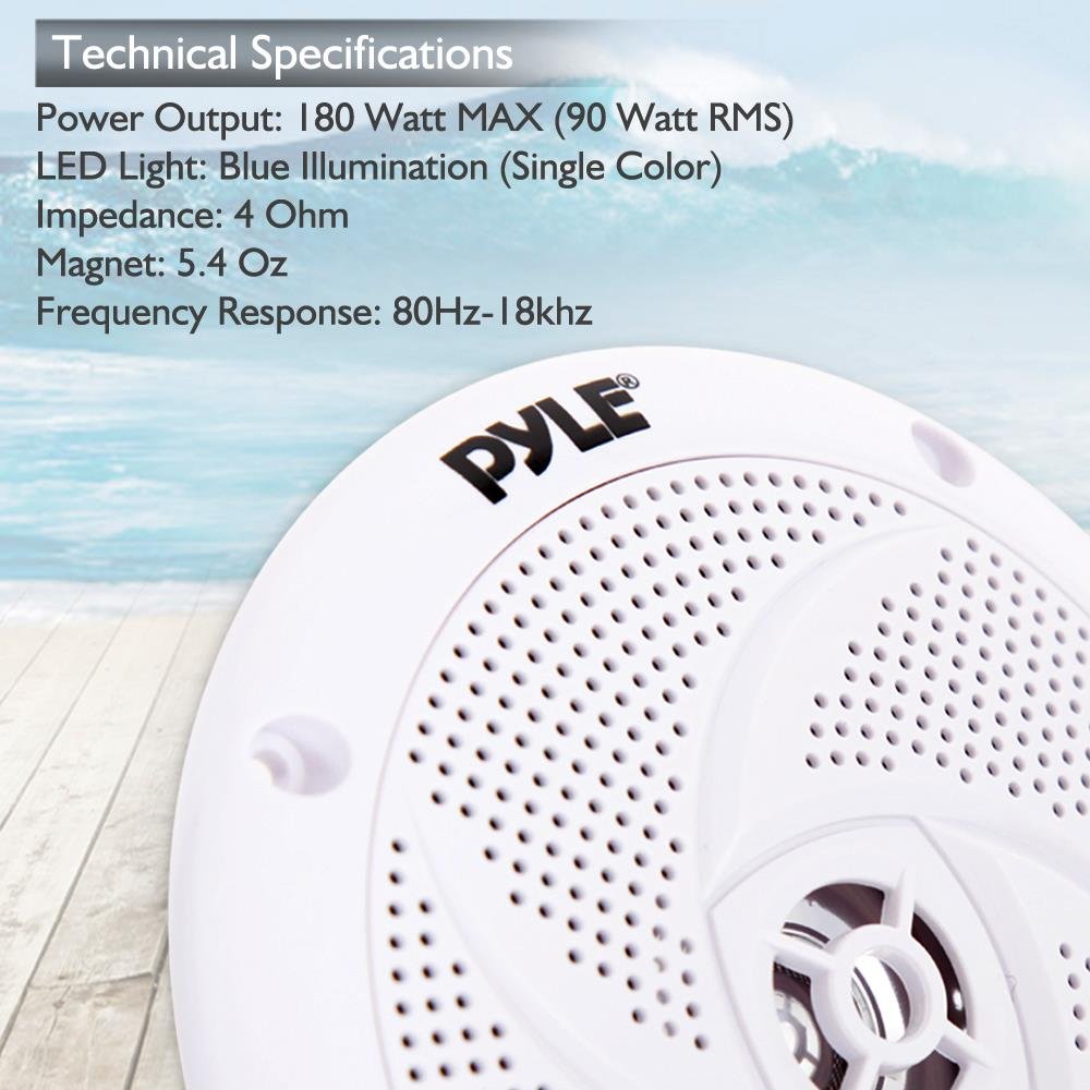 Pyle Marine Speakers - 5.25 Inch 2 Way Waterproof and Weather Resistant Outdoor Audio Stereo Sound System with LED Lights, 180 Watt Power and Low Profile Slim Style - 1 Pair - PLMRS53WL