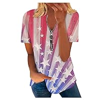 Womens Zipper V Neck Tops Star Stripes Short Sleeve Fashion T-Shirts Summer Casual Loose Fit Dressy Blouses for Going Out