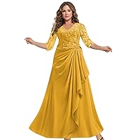 Elegant Mother of The Bride&Groom Dresses for Wedding A Line Chiffon Lace Appliques 3/4 Sleeve Formal Party Prom Gowns R059