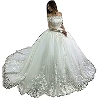 Melisa Women's Long Sleeves Bridal Ball Gowns Lace Tulle Princess Wedding Dresses for Bride with Train