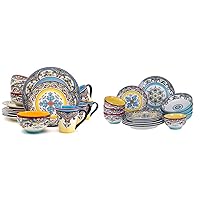 Euro Ceramica Zanzibar Collection 16 Piece and Double Bowl 16-Piece Dinnerware Sets | Floral Multicolor Design | Service for 4