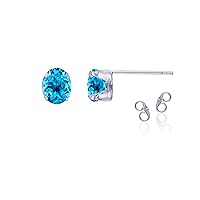 Sterling Silver Rhodium 6x4mm Oval Natural Swiss Blue Topaz December Birthstone Stud Earrings