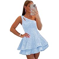 CWOAPO One Shoulder Velvet Sequins Homecoming Dress Tiered Short Prom Dresses for Teens Sparkly Ruffle Cocktail Party