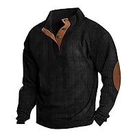 Mens Corduroy Shirt with Elbow Patches Stand Collar Button Pullover Mock Neck Long Sleeve Sweaters Polo Sweatshirts