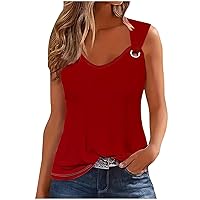 Women’s Tank Tops V Neck Sleeveless Casual Summer T Shirts O Ring Shoulder Tank Top Solid Color Loose Fit Shirt Tees