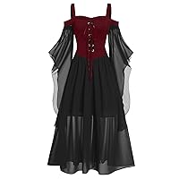 Gothic Dresses for Women Halloween Cold Shoulder Butterfly Sleeve Cosplay Party Lace Up Dress Mesh Gothic Dresses