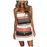 SNKSDGM Summer Dresses for Women Pockets V Neck Stripe Sleeveless Tank Mini Dress Spaghetti Strap Tie Waist Ladies Sundress
