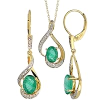 14k Yellow Gold Genuine Emerald Earrings Necklace Set for Women 7x5mm Oval Cut 0.20 ct Diamond Accent 18 inch Chain