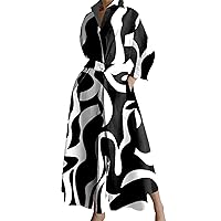 Women's Maxi Shirt Dress 3/4 Sleeve Elastic High Waist Button Fashion Casual Loose Flowy Long Dresses with Pockets
