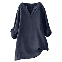 Cotton Linen Shirts for Women 2024 Long/Short Sleeve V Neck Button Up Oversized Blouse Casual Loose Tunic Top