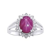 Diamond & Star Ruby Ring Set In Sterling Silver .925 Halo Princess Diana Inspired Designer Stylish