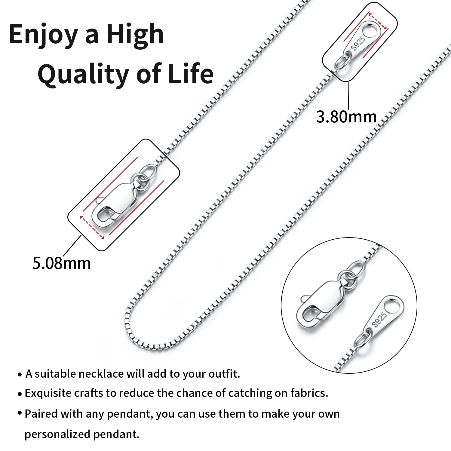 Jewlpire Solid 18K Over 925 Sterling Silver Chain Necklace for Women Girls, 0.8mm Box Chain Lobster Claw Clasp-Super Thin & Strong Necklace Chain 16/18/20/22/24 Inch