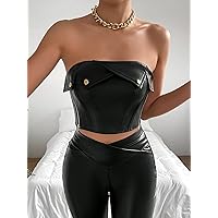Women's Tops Sexy Tops for Women Women's Shirts Button Front PU Tube Top (Color : Black, Size : Large)