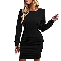 Women's 2023 Fall Knitted Dress Long Sleeve Round Neck Hip Wrap Dress Solid Color Kibbed Knit Slim Bodycon Midi Sweater Dress