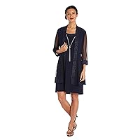 R&M Richards Women's Sparkly Shift Jacket Dress W/Sheer Inserts and Attached Necklace