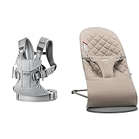 BabyBjörn New Baby Carrier One Air 2019 Edition, Mesh, Silver, One Size(Pack of 1) & Bouncer Bliss, Sand Gray, Cotton (006017US)