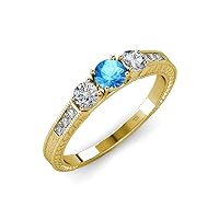 Blue Topaz and Diamond Milgrain Work 3 Stone Ring with Side Diamond 0.85 ctw in 14K Yellow Gold