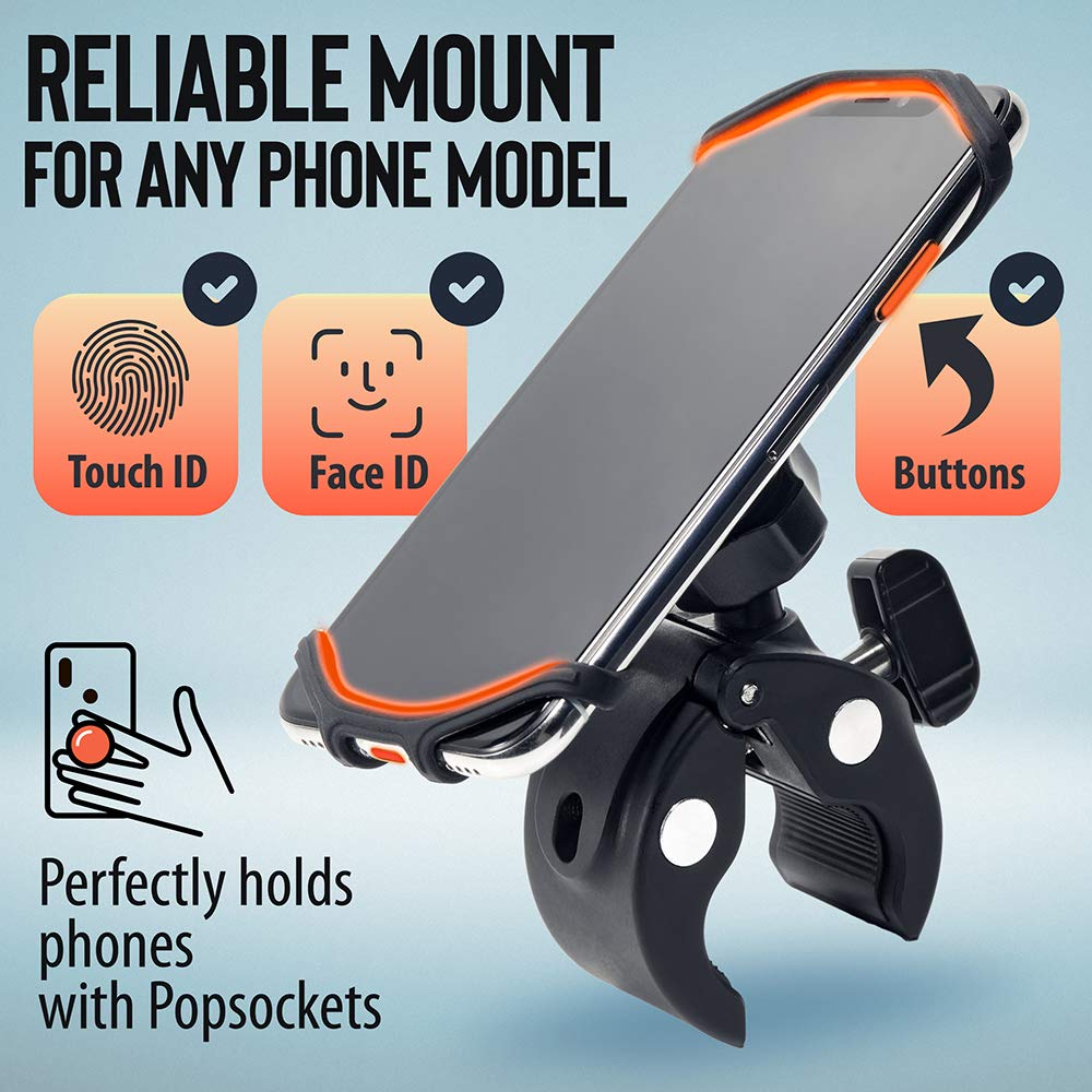 Upgraded 2023 Bicycle & Motorcycle Phone Mount - The Most Secure & Reliable Bike Phone Holder for iPhone, Samsung or Any Smartphone. Stress-Resistant & Highly Adjustable. x10 to Safeness & Comfort