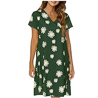 Womens V Neck Sunflower Tshirts Dress Short Sleeve Knee Length Summer Dreses Holiday Vacation Beach Elegant Dressy