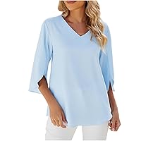 Womens Split Half Sleeve T-Shirts Summer V Neck Dressy Loose Tee Tops 2024 Fashion Flowy Solid Color Tunic Blouses