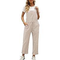 Flygo Overalls for Women Loose Fit Adjustable Strap Drawstring Cotton Overalls Jumpsuits(Beige-XL)